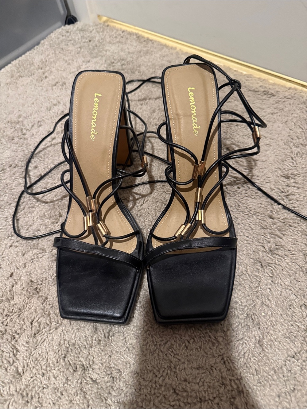 Lemonade Black Strappy Square-Toe Heels with Gold Accent